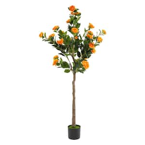 4.9 ft. Artificial Tree Artificial Camellia Tree in Pot Outdoor Indoor Decor (Orange Flower)