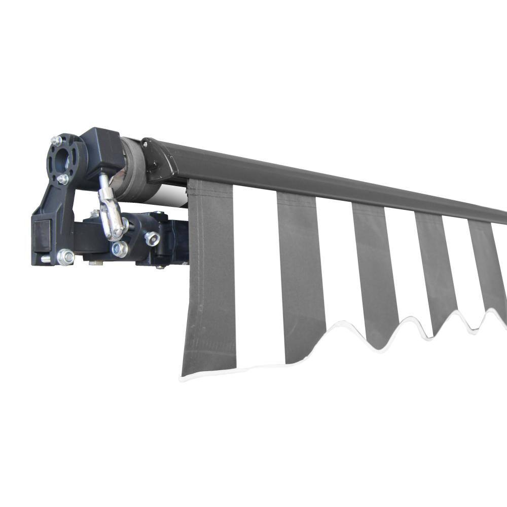 Gray and White Striped Retractable Patio Awning with Black Frame