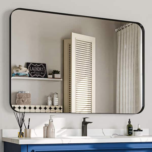 48 in. W x 32 in. H Rectangular Aluminum Framed Wall Bathroom Vanity Mirror in Black