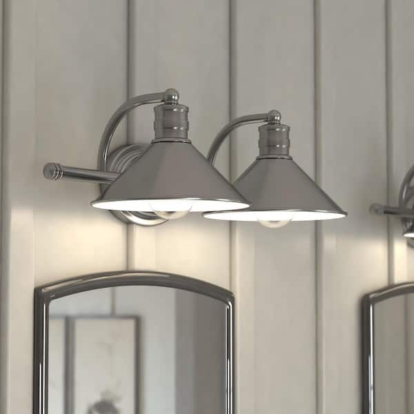 VAXCEL Akron 18 in. W 2-Light Satin Nickel and Matte White Bathroom Vanity Light Fixture, Metal Shade