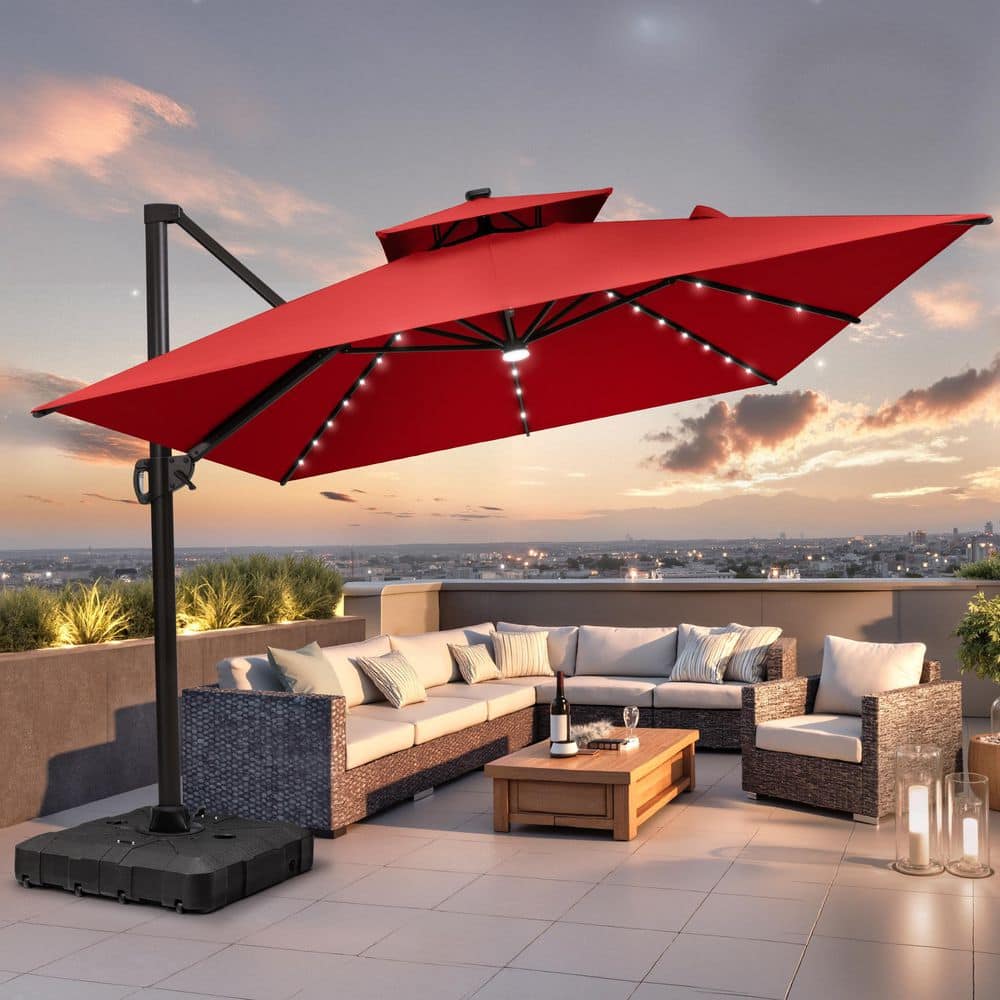 Solar LED Double Top 9 ft. x 10.5 ft. Outdoor Cantilever 360° Rotation Tiltable Patio Umbrella in Red with Base price history on PriceWatchPro