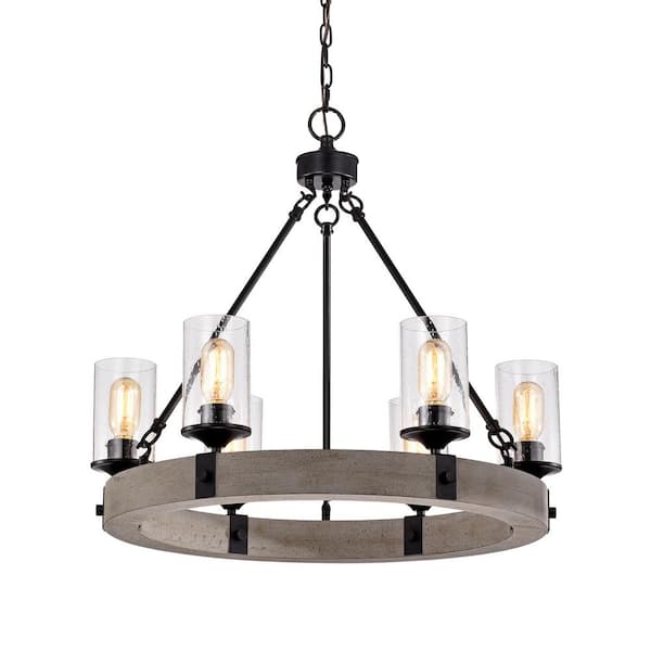 6-Light Slate Wood and Black Wheel Chandelier with Seedy Glass Shades