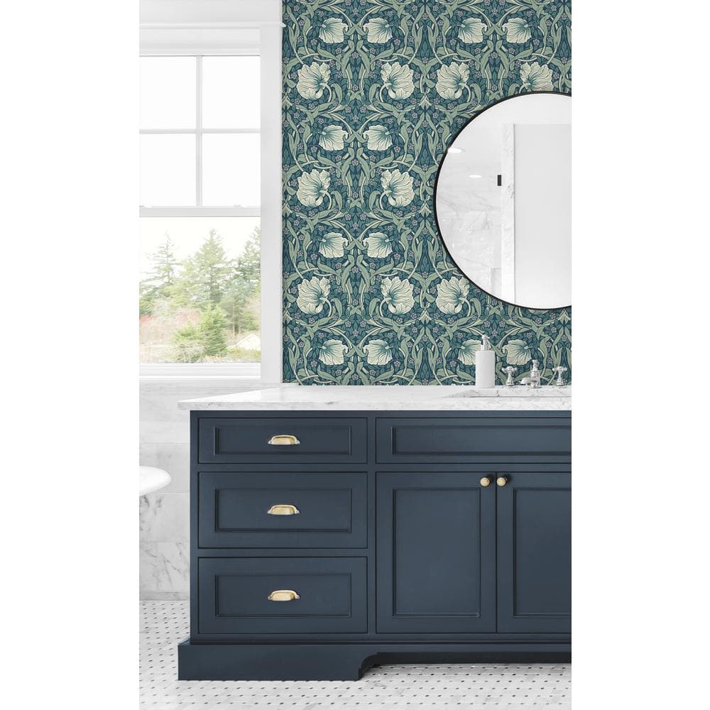 Teal and Sandstone Floral Peel and Stick Vinyl Wallpaper