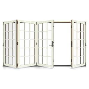 W5500 124 in. x 80 in. Vanilla Right Hand/Outswing Aluminum Clad Wood 4-Panel Prehung Folding Patio Door w/15-Lite Grid