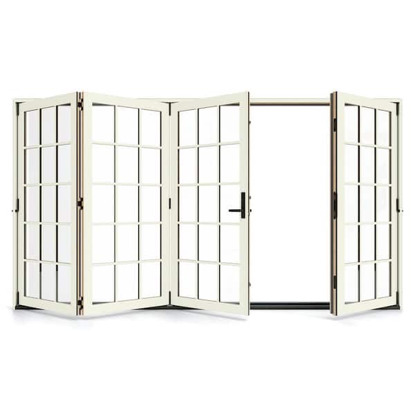 W5500 124 in. x 80 in. Vanilla Right Hand/Outswing Aluminum Clad Wood 4-Panel Prehung Folding Patio Door w/15-Lite Grid