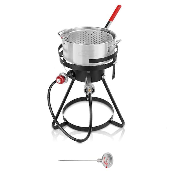 Unbranded 2-Piece Stainless Steel Cookware Set, Outdoor Fish Fryer with 50,000 BTU Gas Burner, 10 qt. Stock Pot and Steamer Basket
