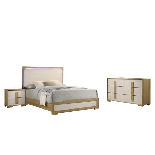 Best Quality Furniture Alissa 3-Piece Natural-White Color Wood Frame Queen Panel Bedroom Set