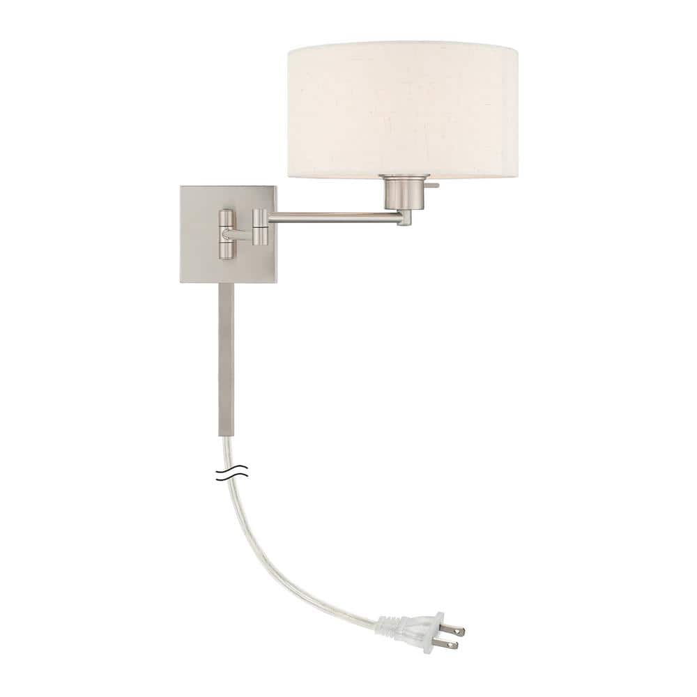 Elegant Brushed Nickel Swing Arm Wall Lamp with Oatmeal Fabric Shade