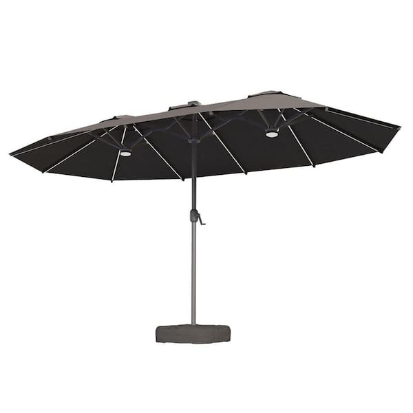 15 ft. Metal Market Rectangle Outdoor Patio Umbrella in Black with Base & Solar RGB Lights for Deck, Backyard, Garden