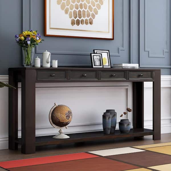 GODEER 64 in. Black Standard Rectangle Wood Console Table with Storage Drawers and Bottom Shelf