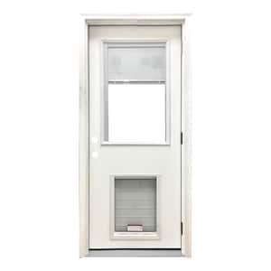 32 in. x 80 in. Reliant Series Clear Mini-Blind LHOS White Primed Fiberglass Prehung Back Door with SL Pet Door