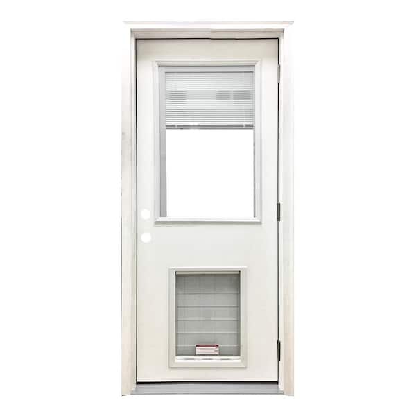 Steves & Sons 32 in. x 80 in. Reliant Series Clear Mini-Blind LHOS White Primed Fiberglass Prehung Back Door with Extra Large Pet Door