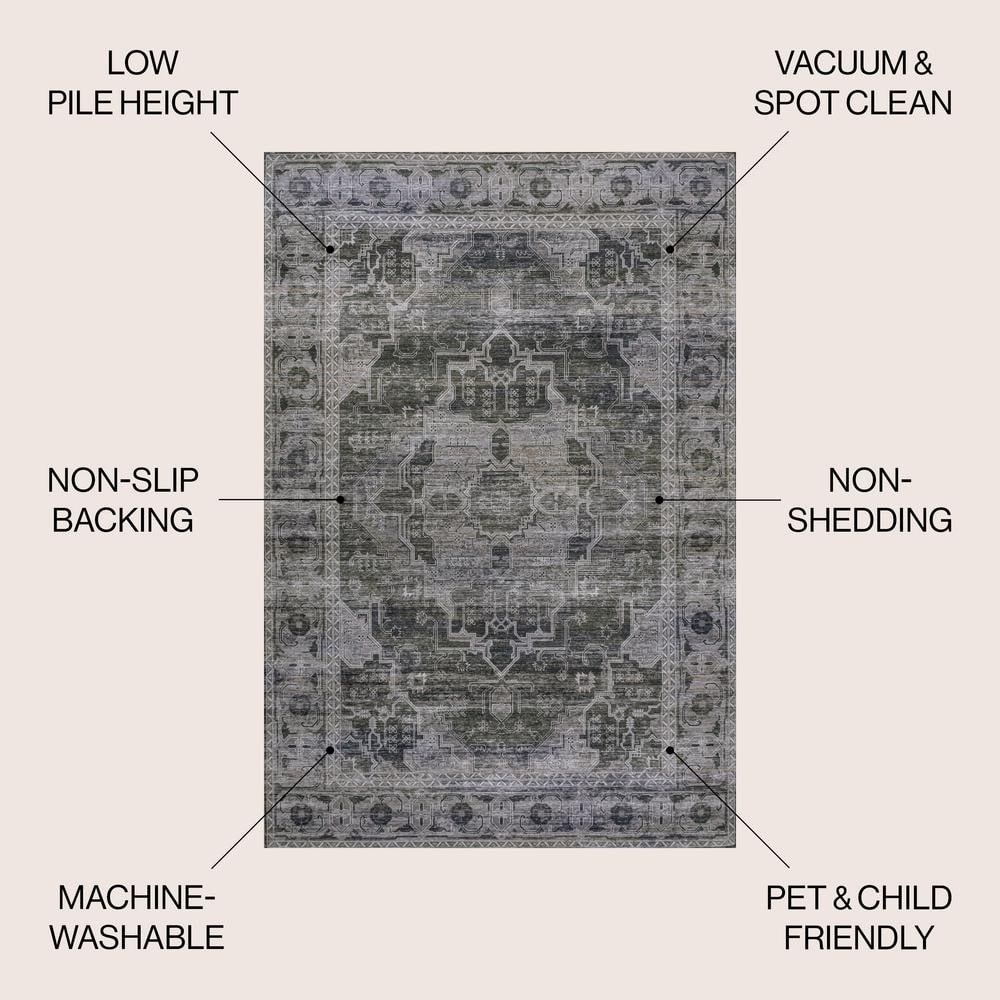 Alanya Dark Green and Gray Washable Synthetic Medallion Rug 4' x 6'