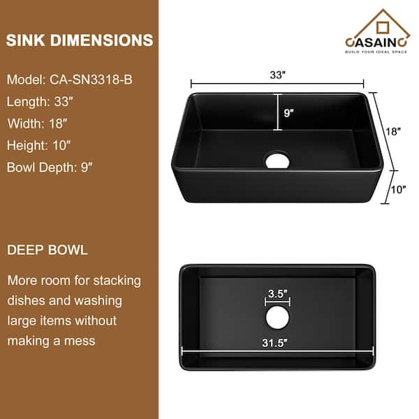 CASAINC Black Fireclay 33 in. Single Bowl Farmhouse Apron Kitchen Sink with Sprayer Kitchen Faucet and Accessories, 33 in. Matte Black Fireclay