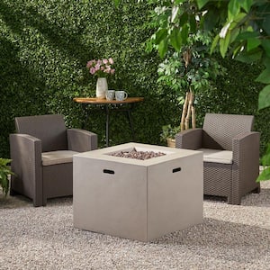 Houston Brown 3-Piece Faux Wicker Patio Fire Pit Set with Mixed Beige Cushions and Light Grey Fire Pit