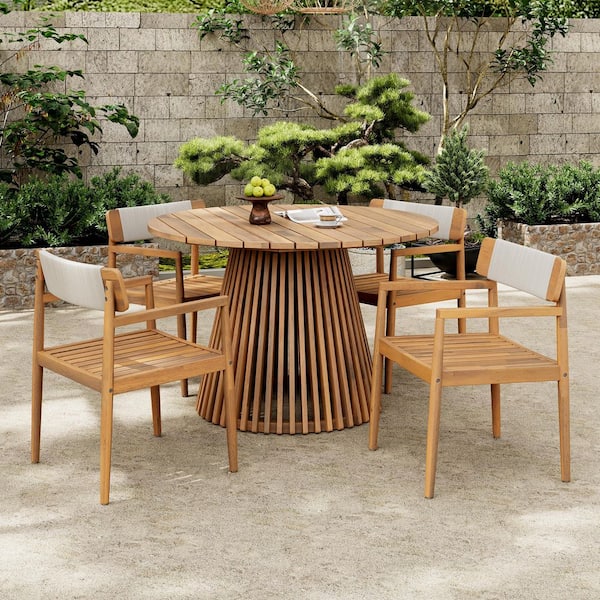 5-Piece Brown Acacia Wood Outdoor Dining Set with Beige Rope