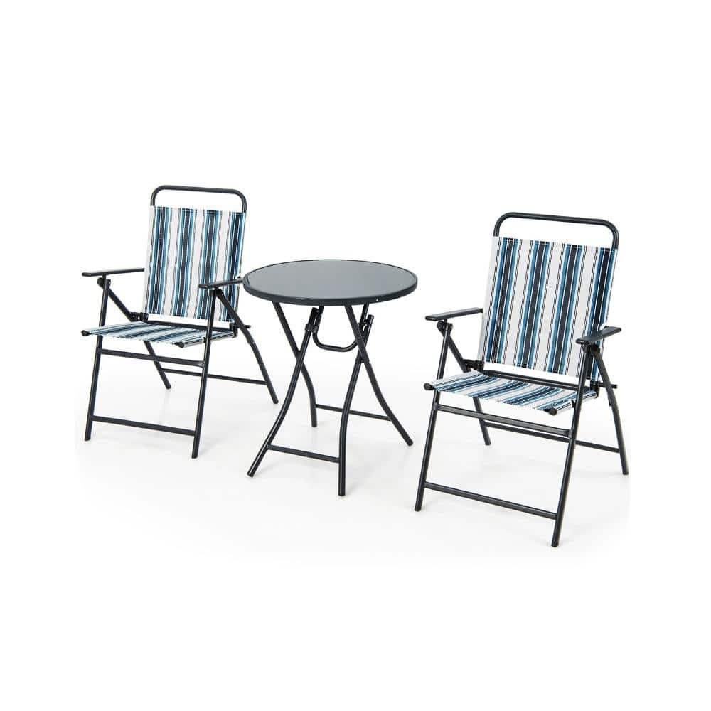 3-Piece Metal and Fabric Outdoor Folding Bistro Set with Round Table and No-Assembly Setup, Blue price history on PriceWatchPro