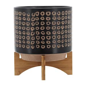 9.75 in. Brown Ceramic Round Outdoor Planters on Natural Wood Stand