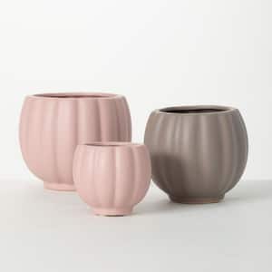 5.25", 5", and 3.5" Ribbed Pink and Brown Round Ceramic Planter (Set of 3)