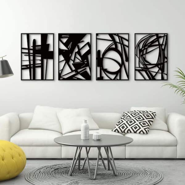 4 Piece Unframed Black Abstract Metal Wall Art Poster, 3D Textured