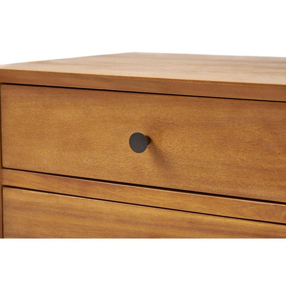 Natural Brown Acacia Wood Mid-Century Nightstand with Two Drawers