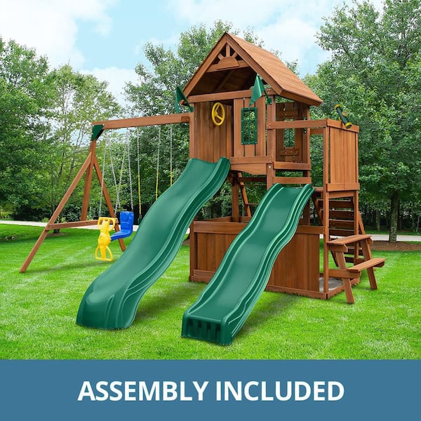 Professionally Assembled Knightsbridge Deluxe Wooden Outdoor Playground Set with Slides, Rock Wall, and Swings Set