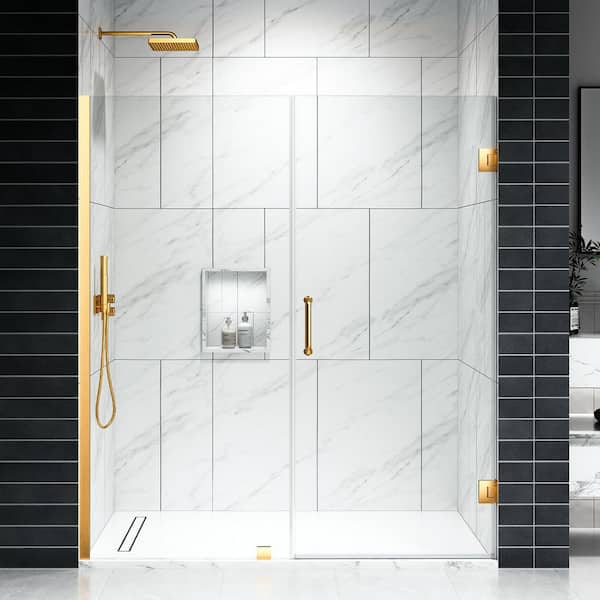 EV Series 57 in. 58 in. W x 72 in. H Frameless Hinged Swing Shower Door with 3/8 in. Tempered Clear Glass in Satin Brass