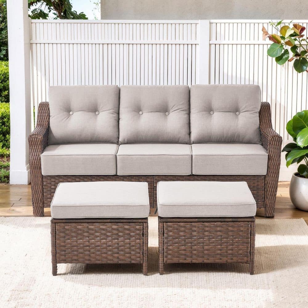 Henn 3-Piece Brown Wicker Patio Couch Outdoor Sectional Sofa Set Furniture Set with Beige Cushions and Ottomans price history on PriceWatchPro