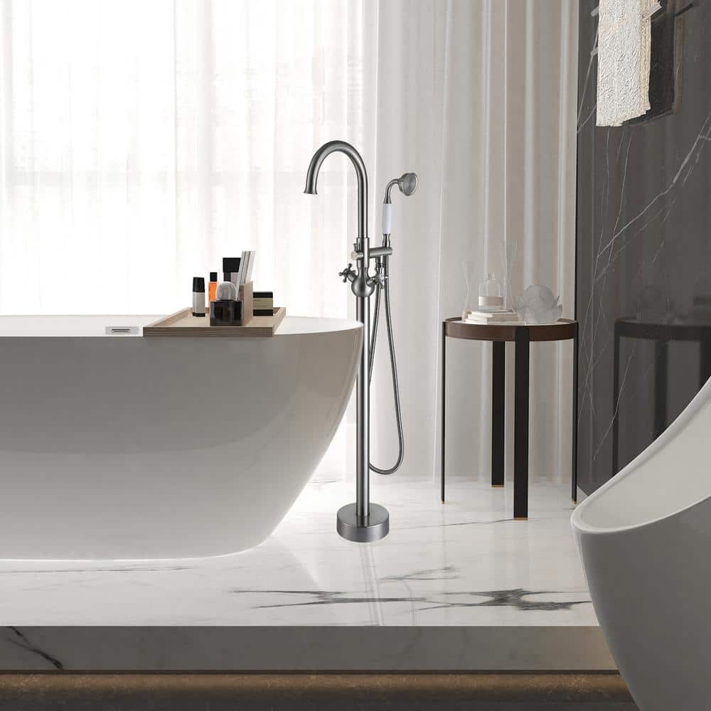 Brushed Nickel Freestanding Tub Filler with Handheld Shower