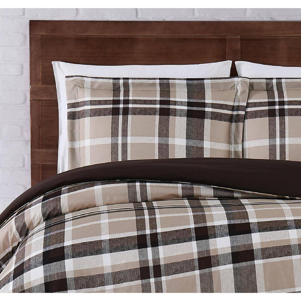 Taupe Plaid Microfiber Full Comforter Set with Shams