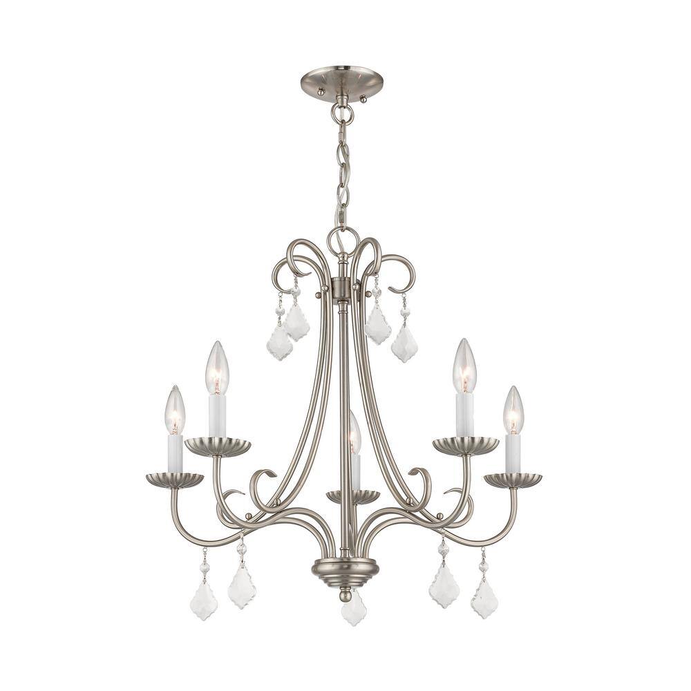 Elegant Brushed Nickel 5-Light Chandelier with Crystal Teardrops
