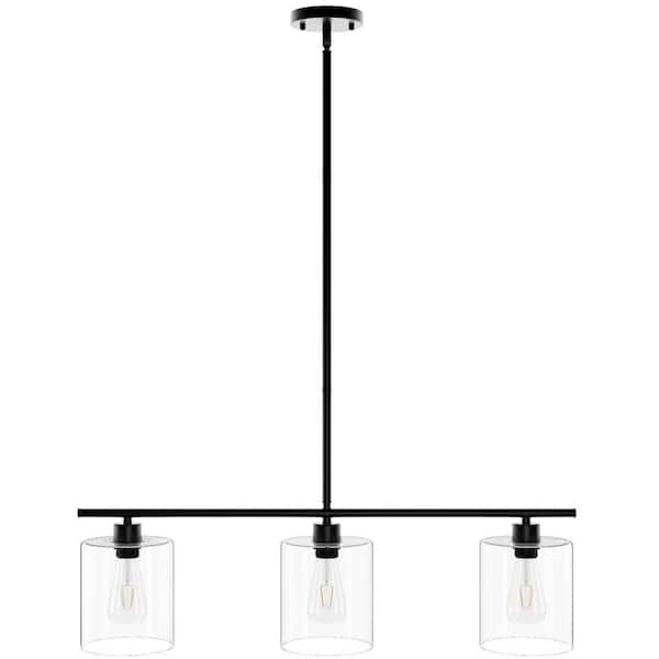 3-Light Kitchen Black Kitchen Island Linear Cylinder Chandelier With Clear Glass Shades