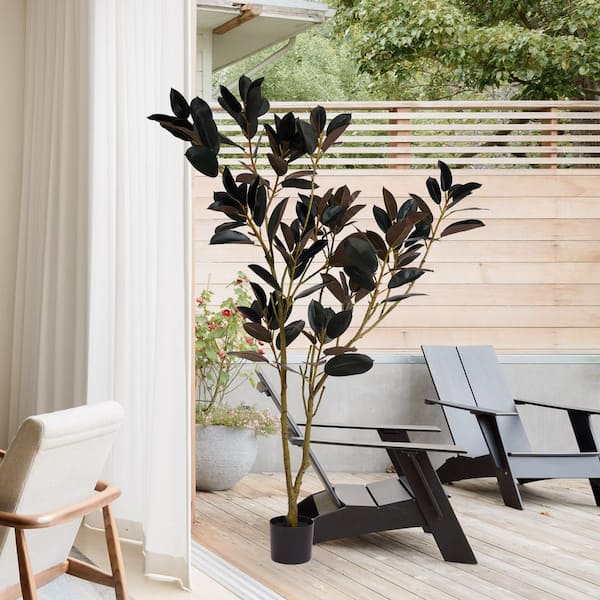 5.9 ft. Artificial Rubber Tree in Pot with Lush PE Leaves and Stable Base, Simulated Tall Fake Plant for Indoor
