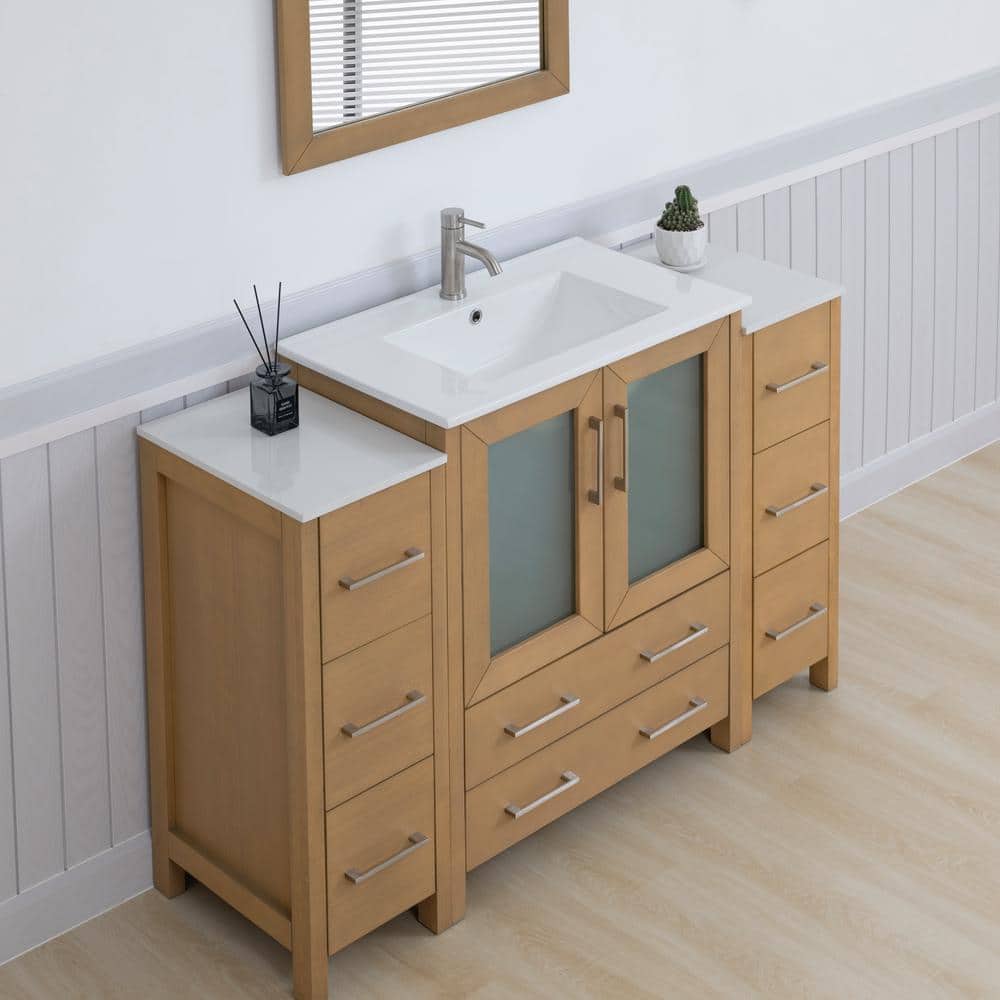 Natural Oak and White Ceramic 54" Single Bathroom Vanity with Mirror