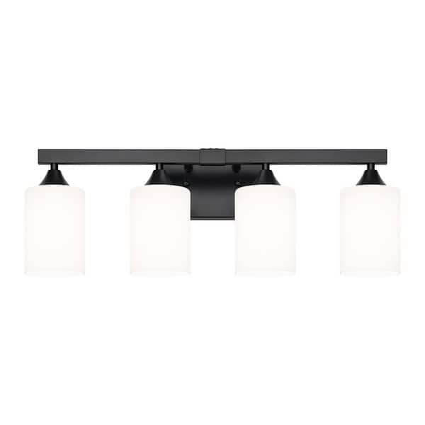 4-Light Matte Black Bathroom Vanity Light with Frosted Glass Shades