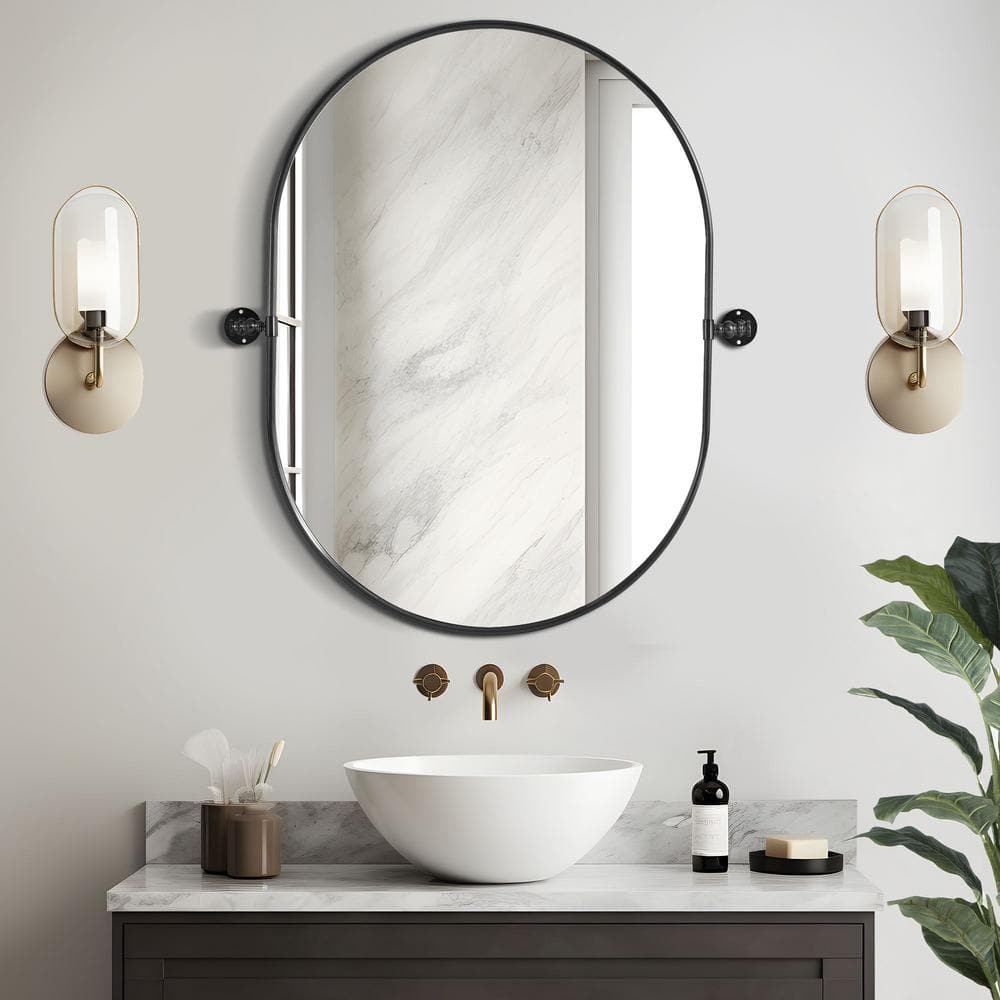 NEUTYPE 23 in. W x 32 in. H Oval Framed Black Wall Mirror Bathroom ...