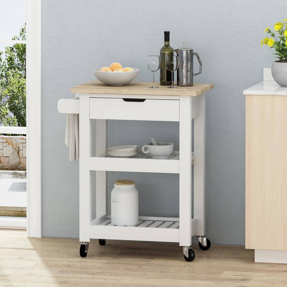 White Wood Rectangular Kitchen Cart with Storage
