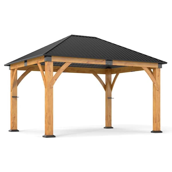 13 ft. x 15 ft. Outdoor Spruce Wood Gazebo-Patio Hardtop Gazebo, Galvanized Steel Roof Wooden Gazebos for Backyard