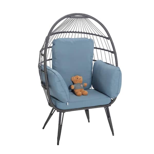 HOMEFUN Black Wicker Steel Frame Outdoor Egg Lounge Chair with Bright Blue Cushion
