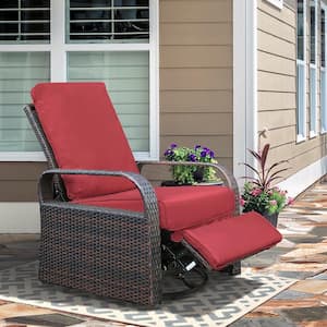 Rattan Wicker Outdoor Patio Swivel Recliner Chair, Adjustable Reclining Chair 360° Rotating with Water Red Cushions