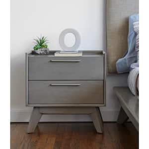 Elsa Mid-Century Modern Solid Wood Grey Nightstand with 2-Drawer Storage, (24 in W x 16 in. D x 24 in. H)
