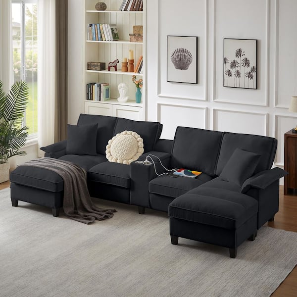 Jeremy 121.2 in. Upholstered Corduroy Modular Sectional Sofa in Black with Storage Ottoman, Console with Cup Holders