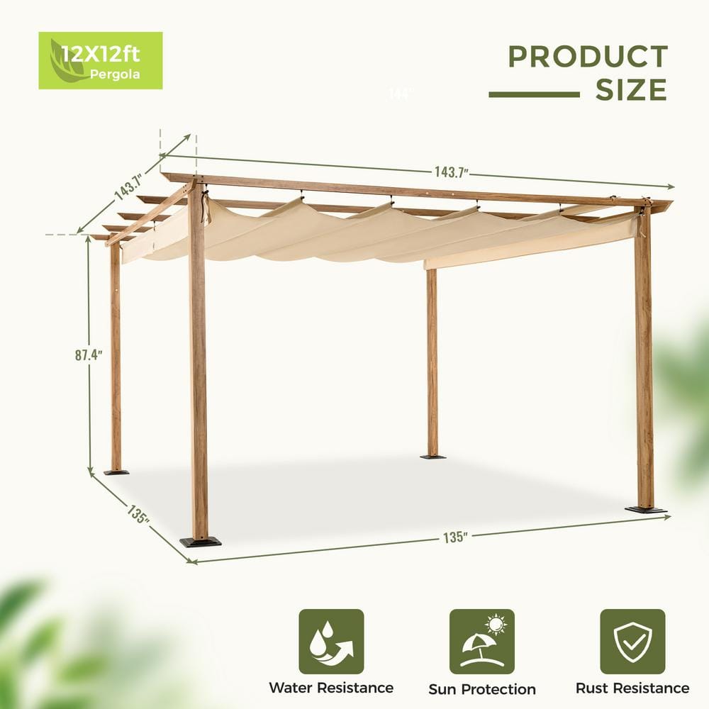 12 ft x 12 ft Beige Aluminum Pergola with Retractable Canopy