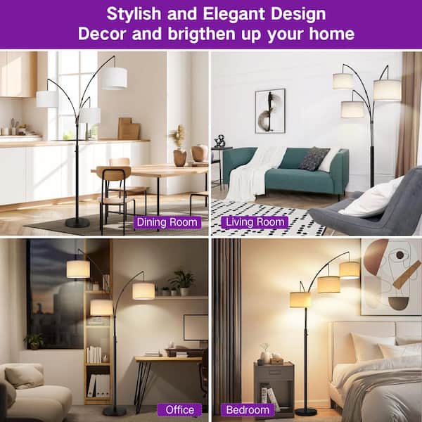80 in. Mid-Century Modern 3-Light Adjustable LED Black Arc Floor Lamp with 3-White Linen Drum Shades