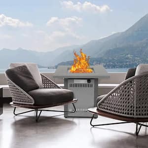 Square Metal 28 in. x 28 in. x 24 in. Outdoor Fire Pit Table with Lid and Lava Rock