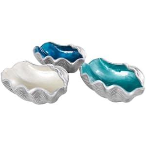 Multicolored Handmade Aluminum Metal Shell Enameled Decorative Bowl with Textured Silver Bases (Set of 3)