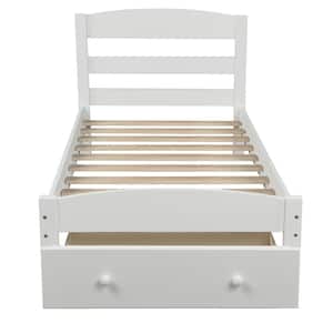 White Twin Size Platform Bed Frame with Storage Drawer and Wood Slat Support