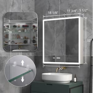 30 in. W x 32 in. H Silver Aluminum Recessed or Surface Mount Medicine Cabinet with Mirror LED and Clock