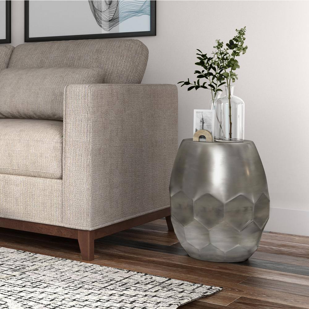 Antique Silver Round Metal Drum Accent Table