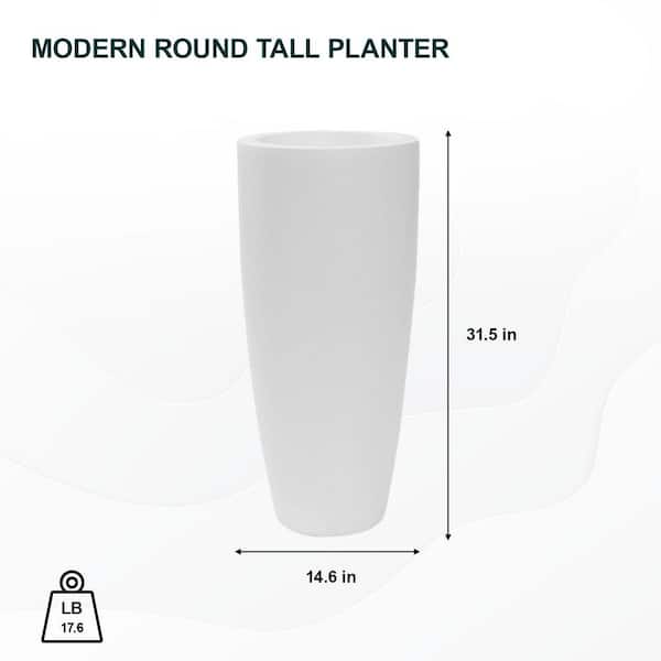 Large 31.5 in. Tall Matte White Dax Fiberstone Indoor Outdoor Modern Round Tall Planter